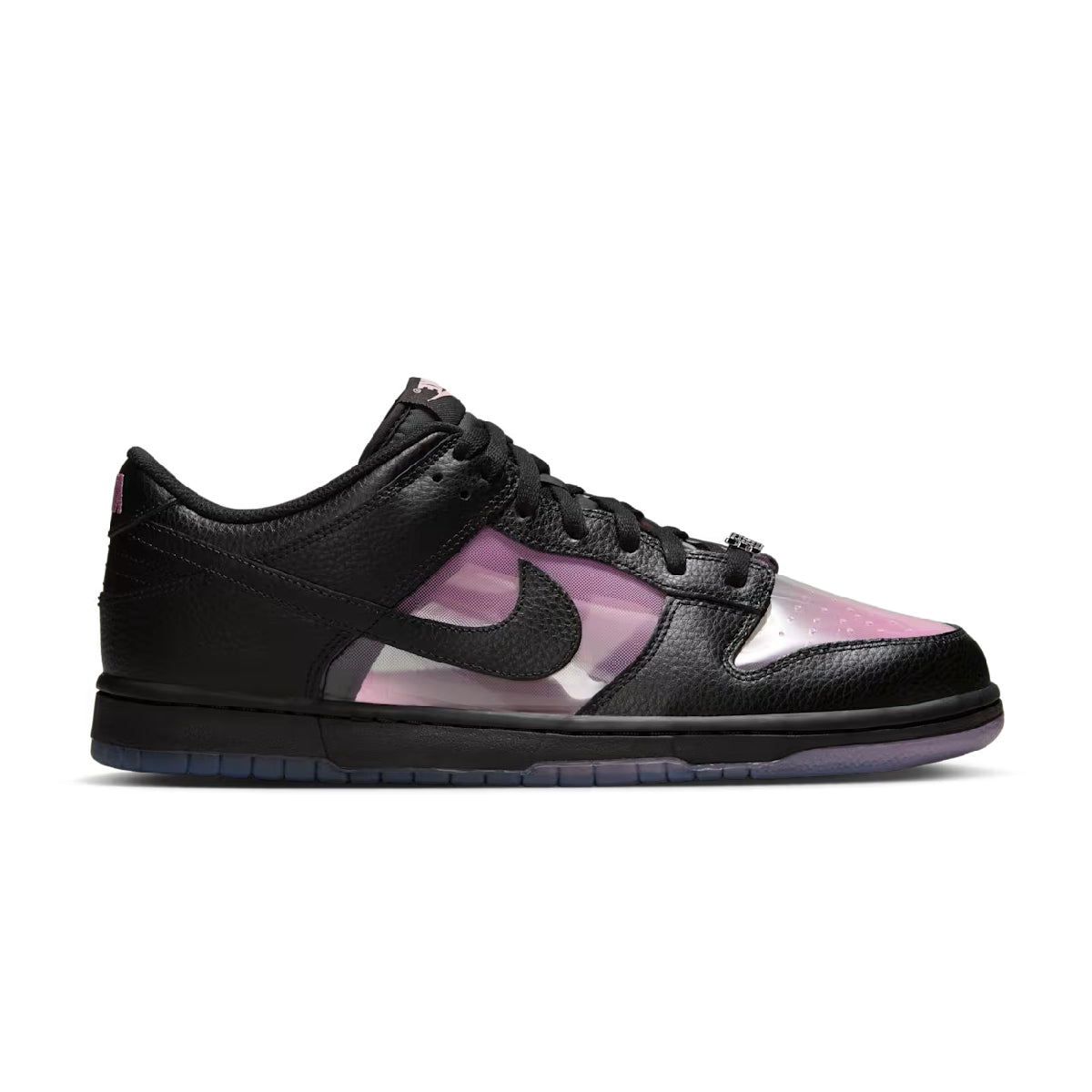 A Nike Dunk sneaker in black leather with translucent pink and black overlays, shown in a side profile on a white background.