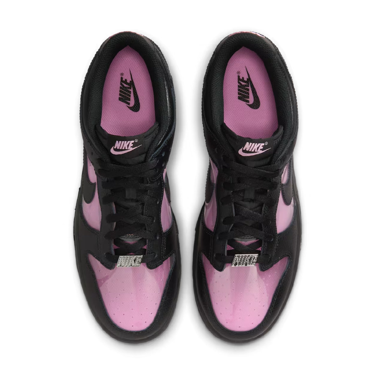 A pair of Nike high-top sneakers shown from a top-down view, featuring a black and pink colorway with black laces and black Swoosh logos.