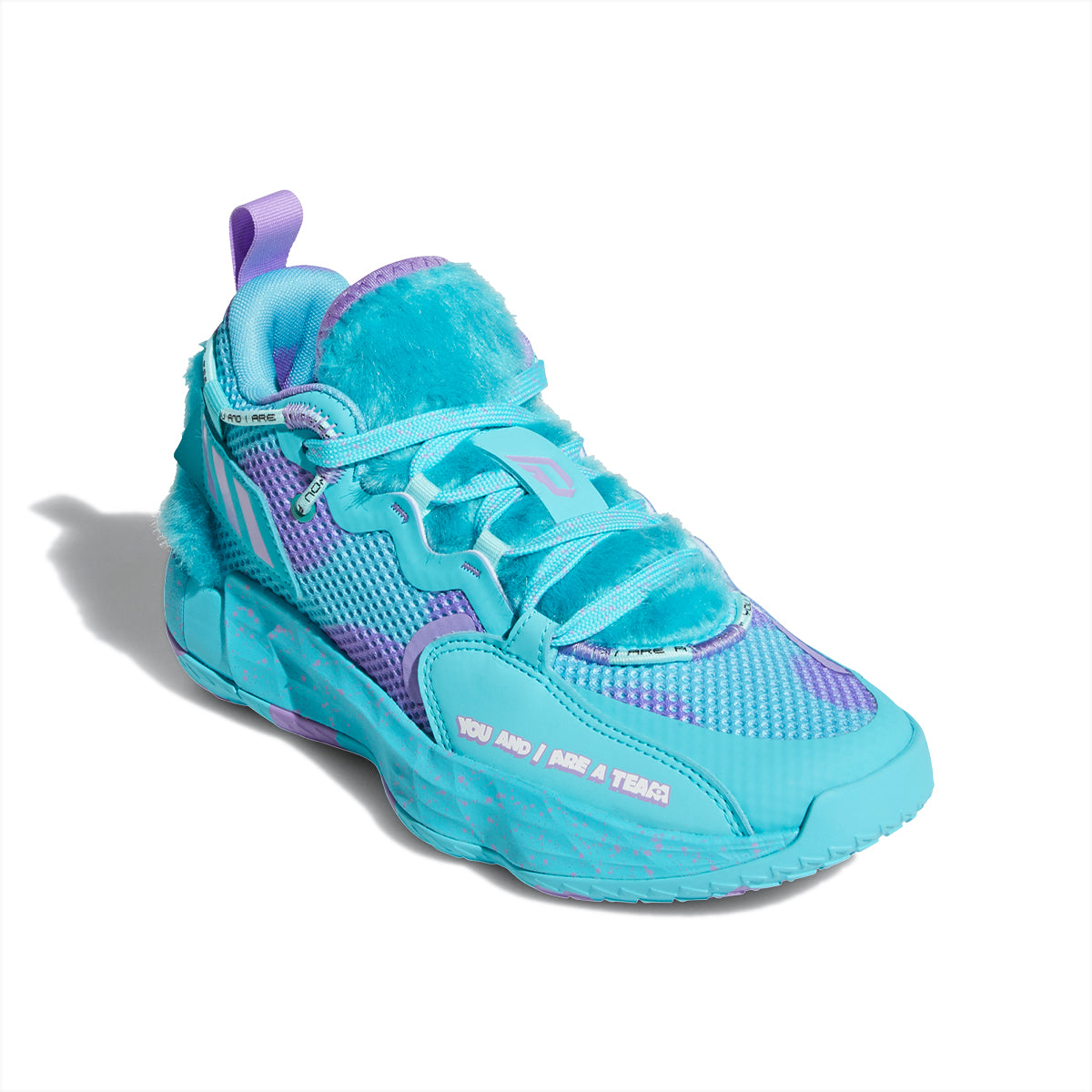 It's not easy to be at the top of your game in basketball AND hip hop. The DAME 7 EXTPLY collection mixes the love for both of Damian Lillard's passions. Each "track" is studio inspired. Dame never cheats the grind, asserting himself as the best baller to ever grace the booth, period. Introducing: Dame D.O.L.L.A. This juniors' edition of the Dame 7 shoes feature graphics inspired by Sulley, everybody's favorite scarer from Disney Pixar's "Monsters, Inc."